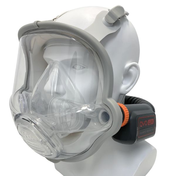 AYO WX FFM-DS double-seal full-face mask PAPR system fitted with the P-Boost main unit, shown on a mannequin head