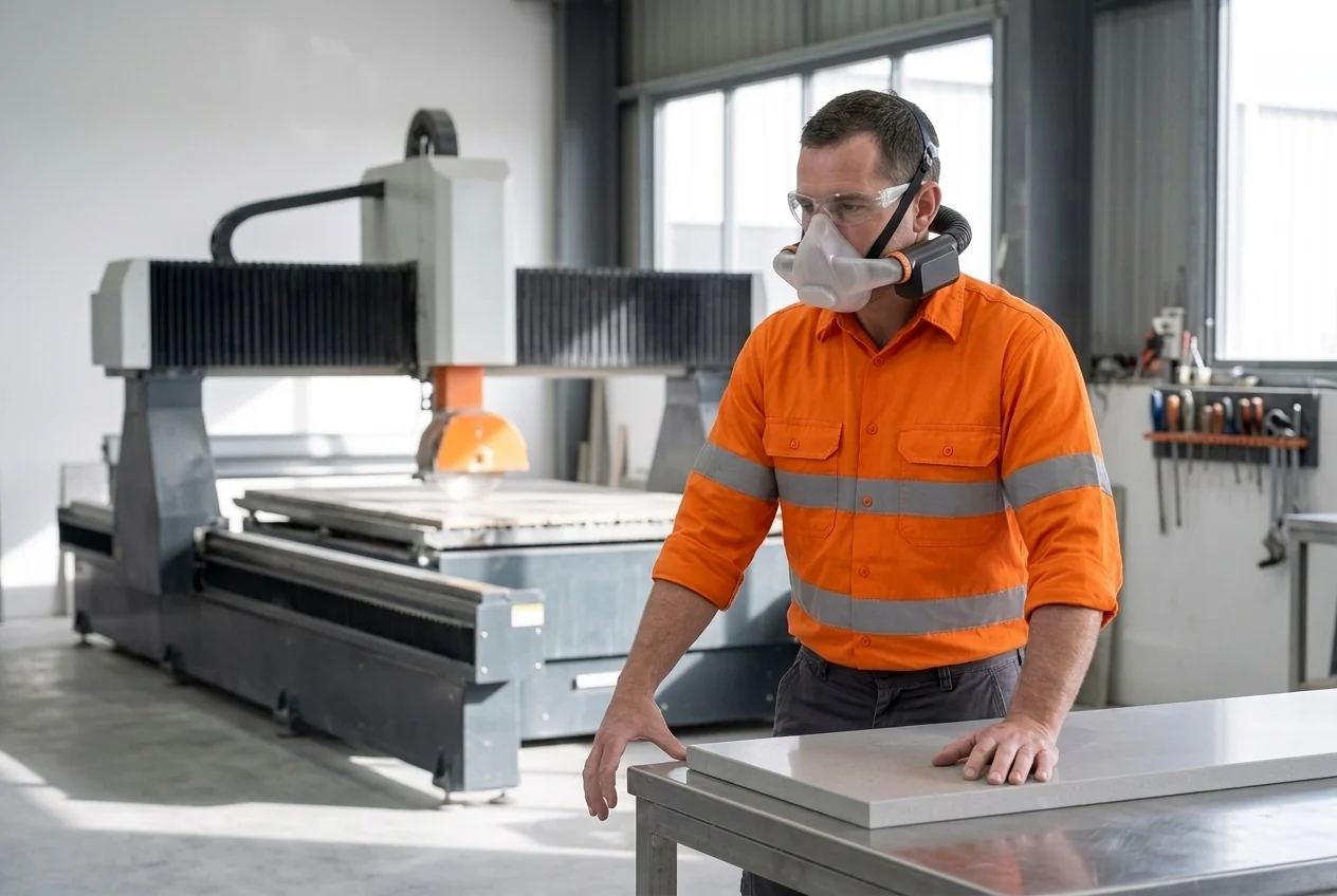 Illustration of a stone benchtop fabricator inspecting a finished cut in a clean, well-lit workshop while wearing an around-the-neck half-face powered air purifying respirator
