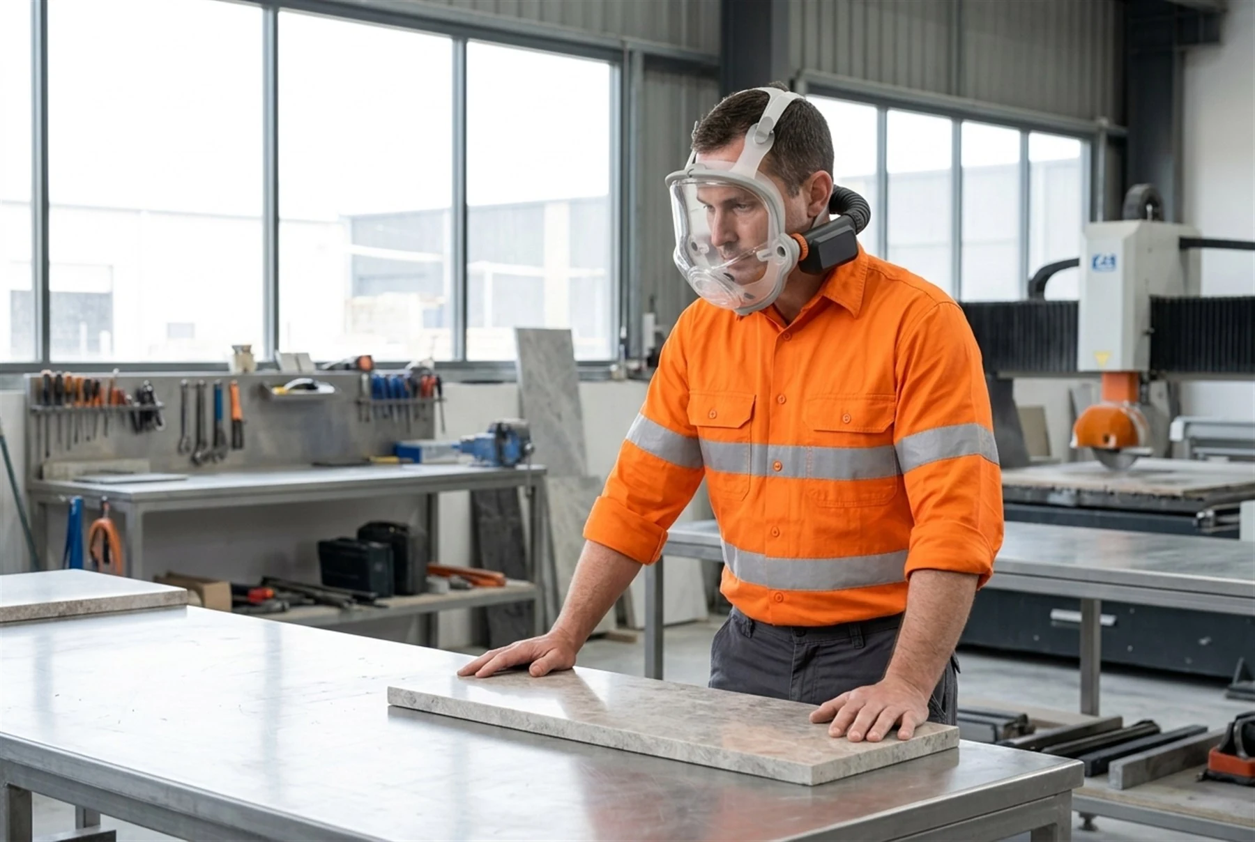 Illustration of a stone benchtop worker in a bright, well-controlled workshop wearing an around-the-neck full-face powered air purifying respirator