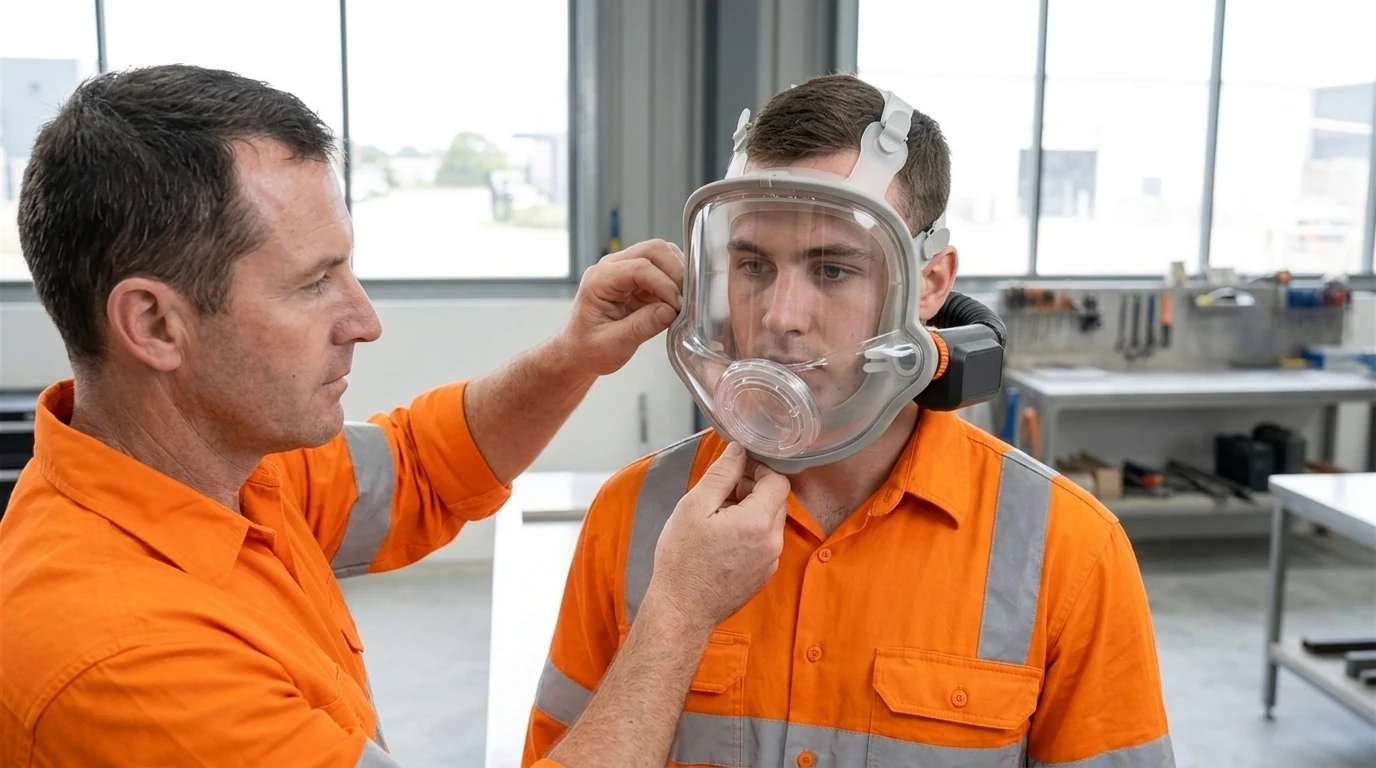 Illustration of a supervisor checking the facepiece seal on a worker wearing a full-face powered air purifying respirator