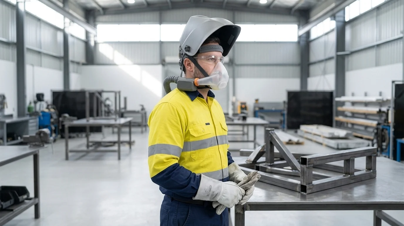 Illustration of a fabricator in a bright steel workshop with his welding helmet flipped up and clear safety glasses on, wearing a half-facepiece powered air purifying respirator whose breathing duct runs behind his neck