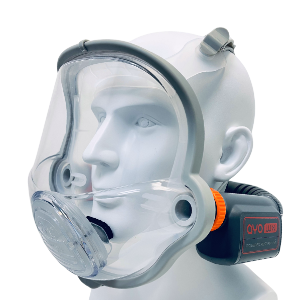 AYO WX FFM-LF loose-fitting full-face mask powered air purifying respirator on a display head