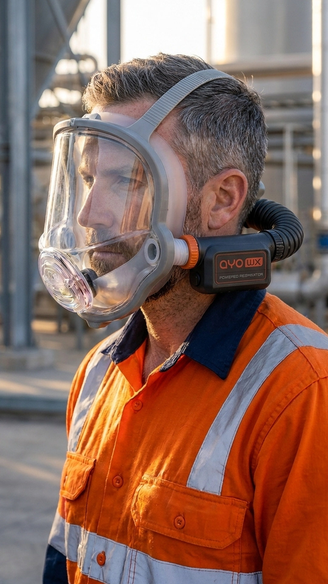 A worker in hi-vis wearing the AYO WX FFM-LF powered respirator on a plant site