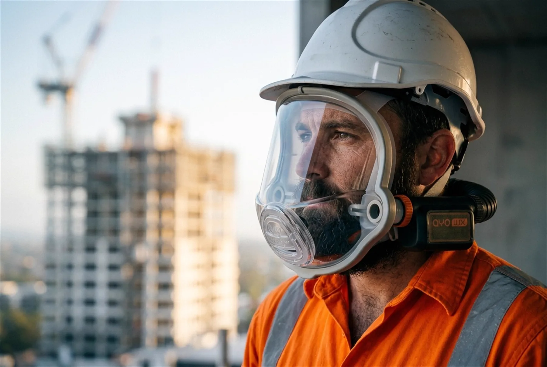 A bearded construction worker on a high-rise site wearing the AYO WX FFM-LF P-Boost loose-fitting full-face powered air purifying respirator under a hard hat