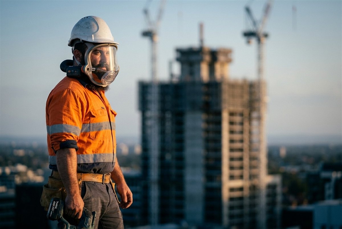 Construction worker wearing an AYO WX full-face powered respirator on a high-rise site at dusk