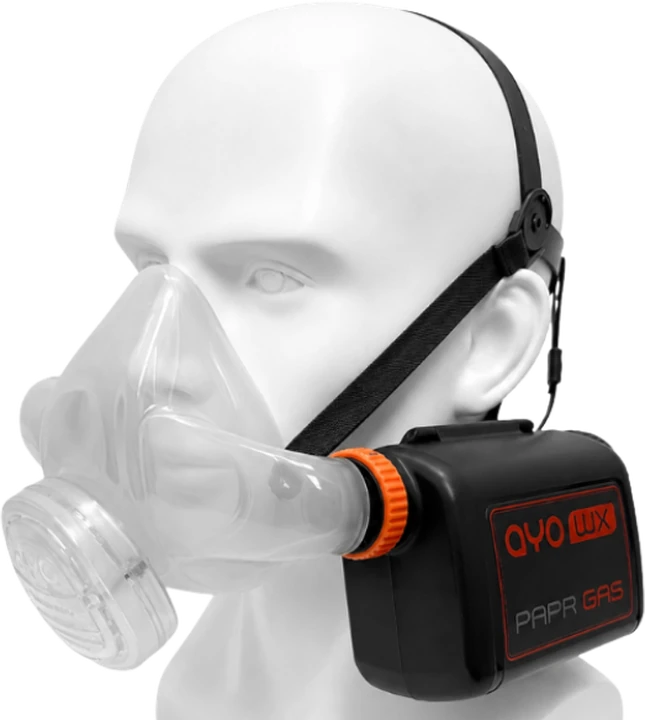 AYO WX HFM-SP speech-enhanced dual-fitting half-face mask PAPR system fitted with the Gas main unit, shown on a mannequin head