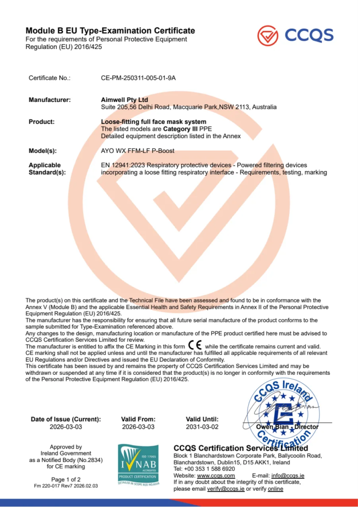 EU type-examination certificate CE-PM-250311-005-01-9A, AYO WX FFM-LF P-Boost, EN 12941 TH3