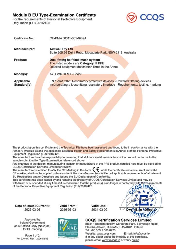 EU type-examination certificate CE-PM-250311-005-02-9A, AYO WX HFM P-Boost, EN 12941 TH3