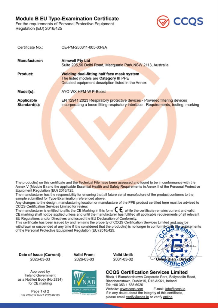 EU type-examination certificate CE-PM-250311-005-03-9A, AYO WX HFM-W P-Boost, EN 12941 TH3