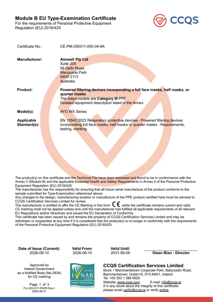EU type-examination certificate CE-PM-250311-005-04-9A, AYO WX PAPR, EN 12942 TM3