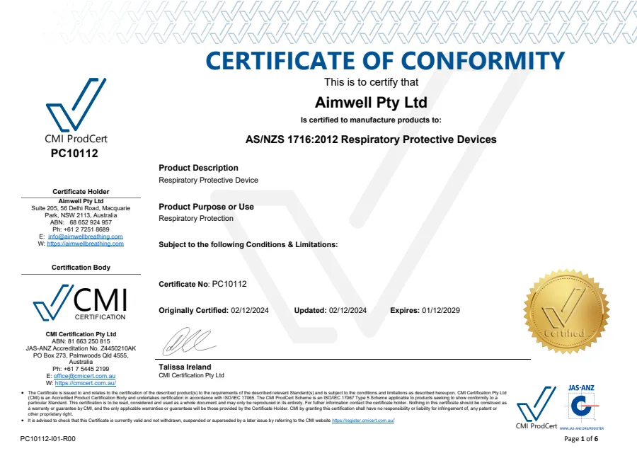 CMI Certificate of Conformity PC10112, AYO WX PAPR, AS/NZS 1716:2012